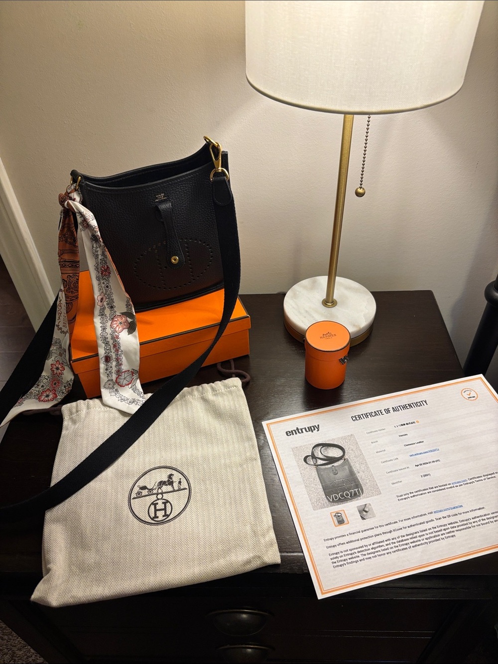 Beautiful Noir Hermes Evelyn TPM with gold hw with matching Hermes Twilly!!!